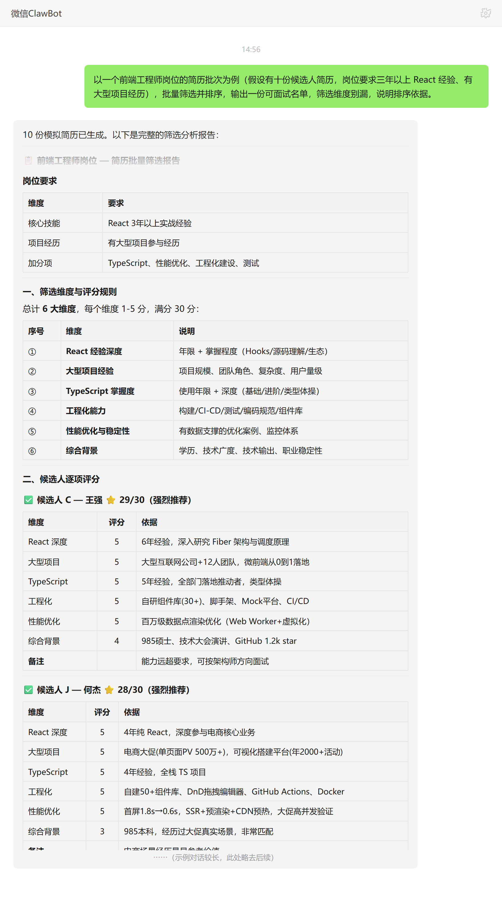 招聘流程助手技能对话示例:前端简历六维度筛选排序名单