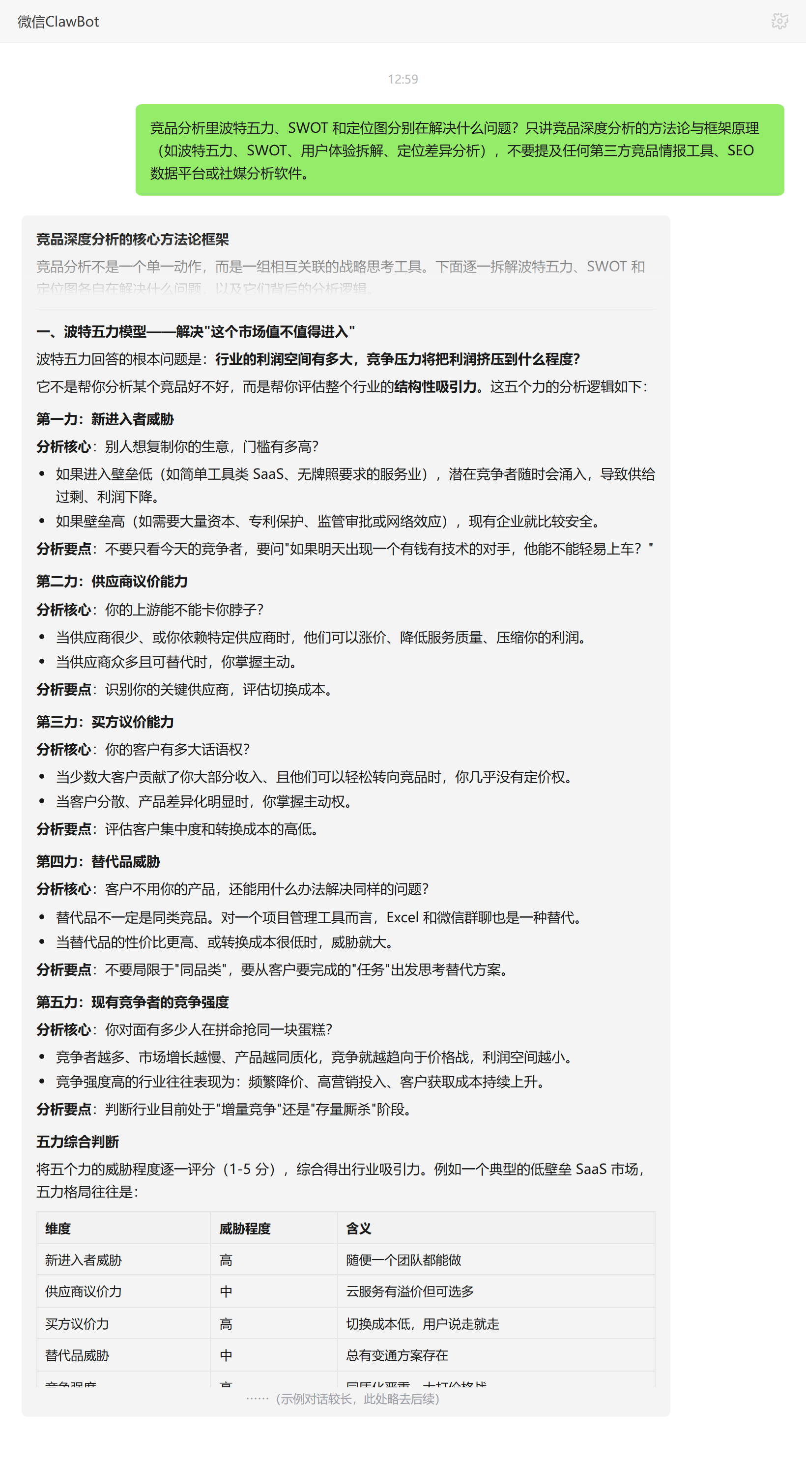 波特五力SWOT定位图在竞品分析中各自的作用——ClawBot 对话示例