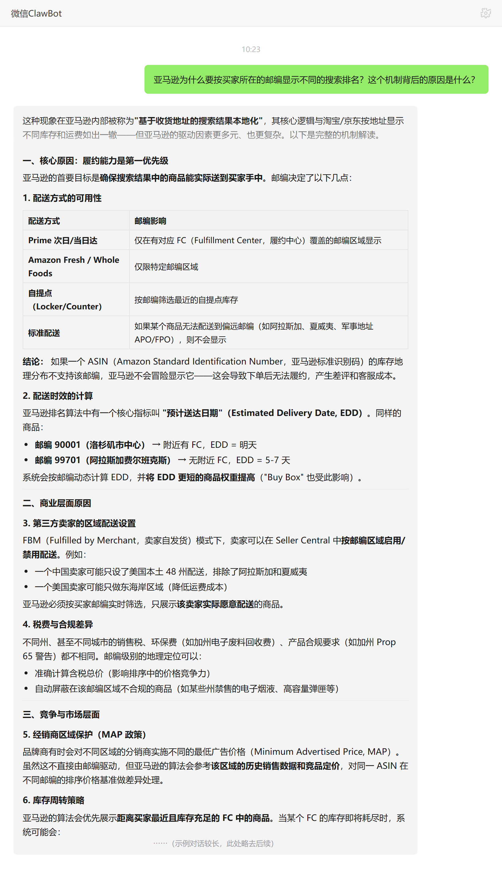 亚马逊不同邮编与站点搜索排名不一样的原因——ClawBot 对话示例