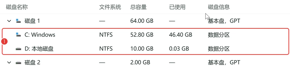 拆分后磁盘列表里多出D盘10GB-软领C盘扩容分区大师