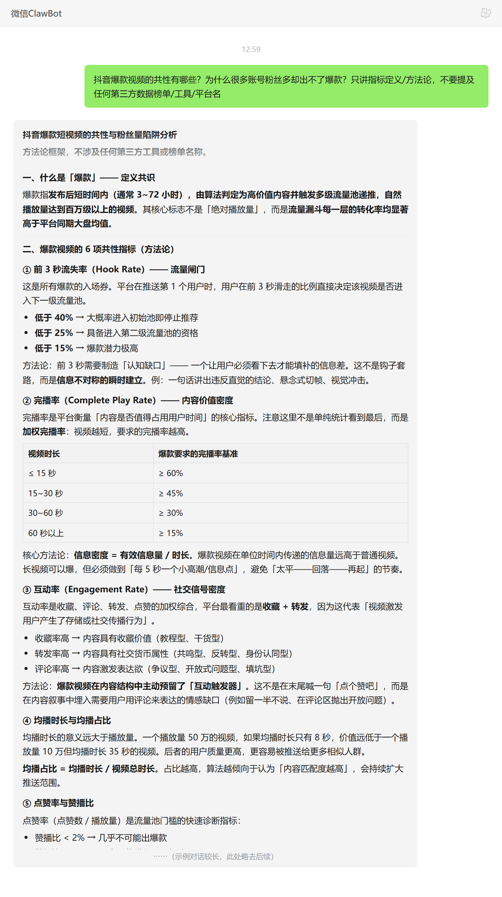 抖音爆款共性六项指标与大号粉丝画像锁定难爆款的原因——ClawBot 对话示例