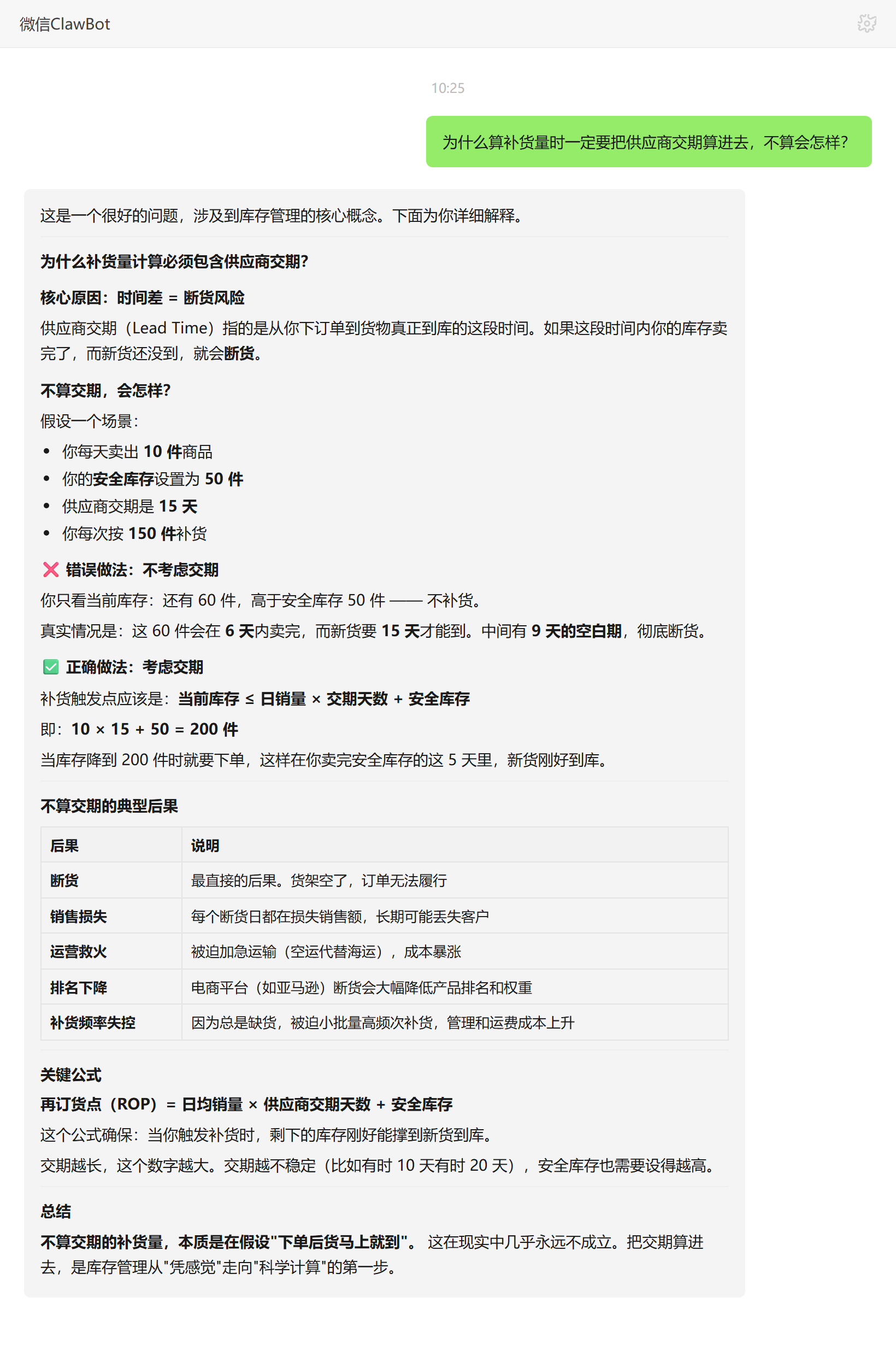 补货量计算必须包含供应商交期的原因——ClawBot 对话示例