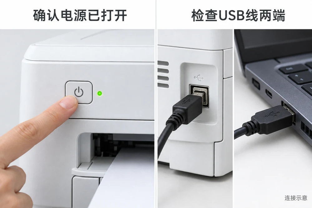 检查打印机电源灯和USB线两端连接的生成示意-软领打印机驱动修复大师