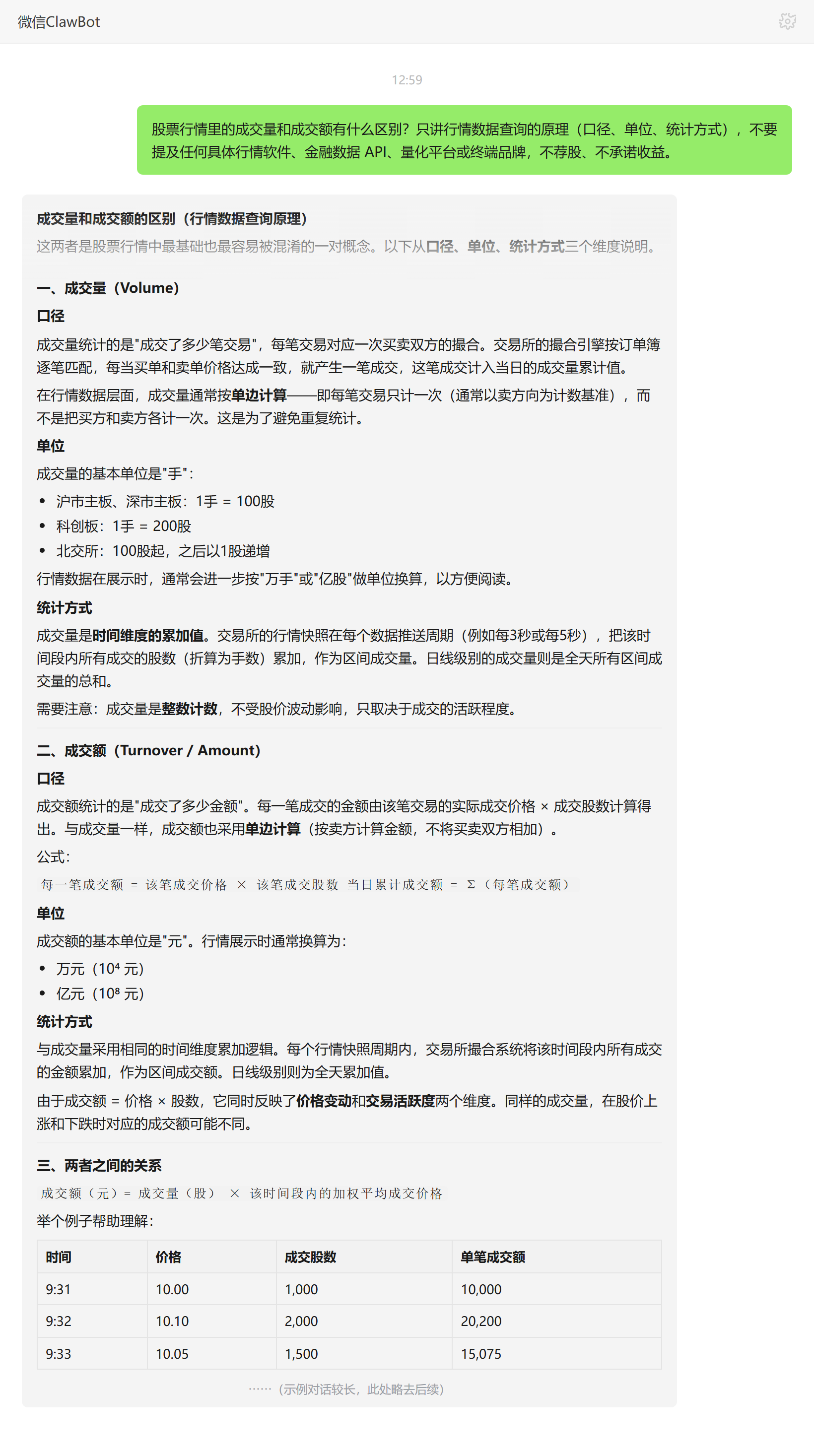 成交量和成交额区别——ClawBot 对话示例