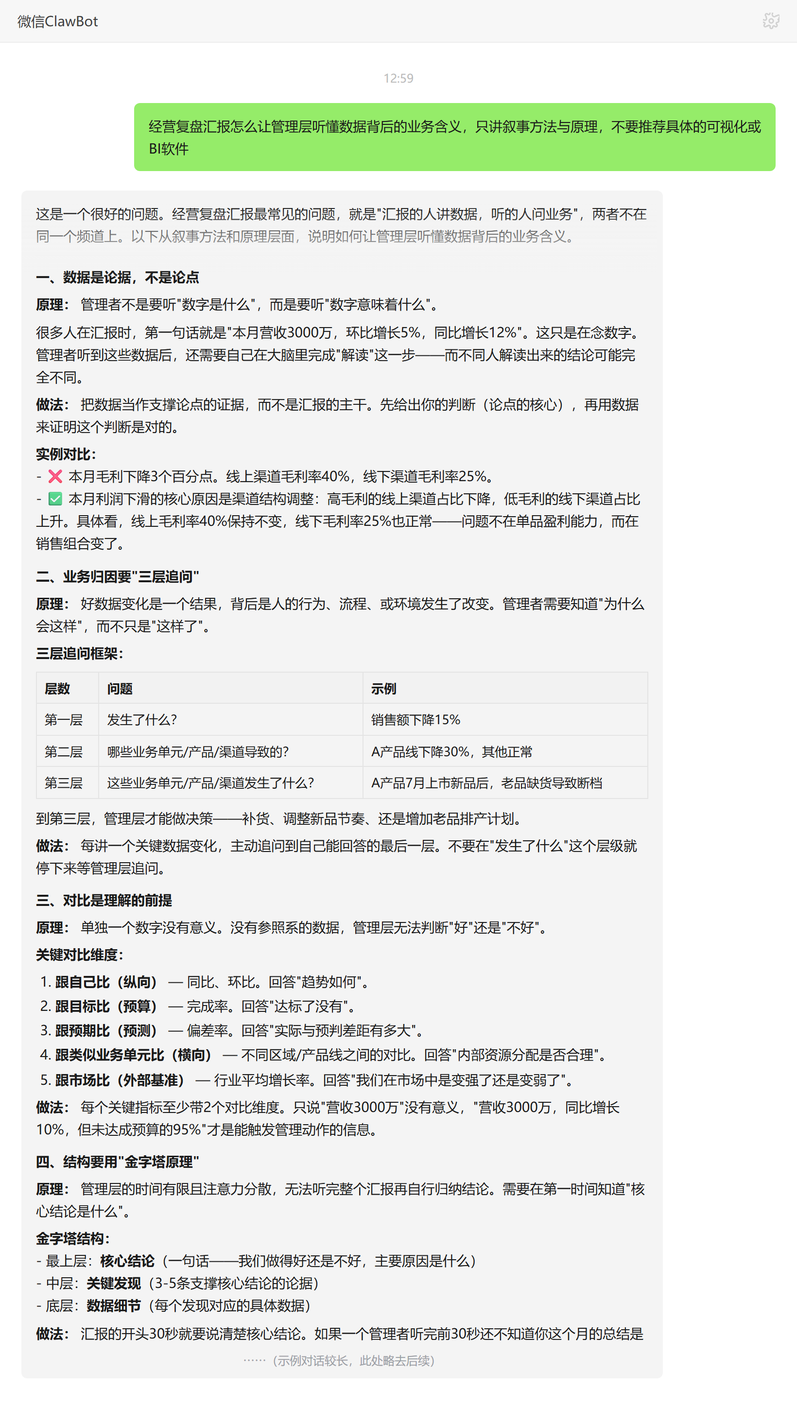 经营复盘汇报让管理层听懂业务含义的叙事方法——ClawBot 对话示例