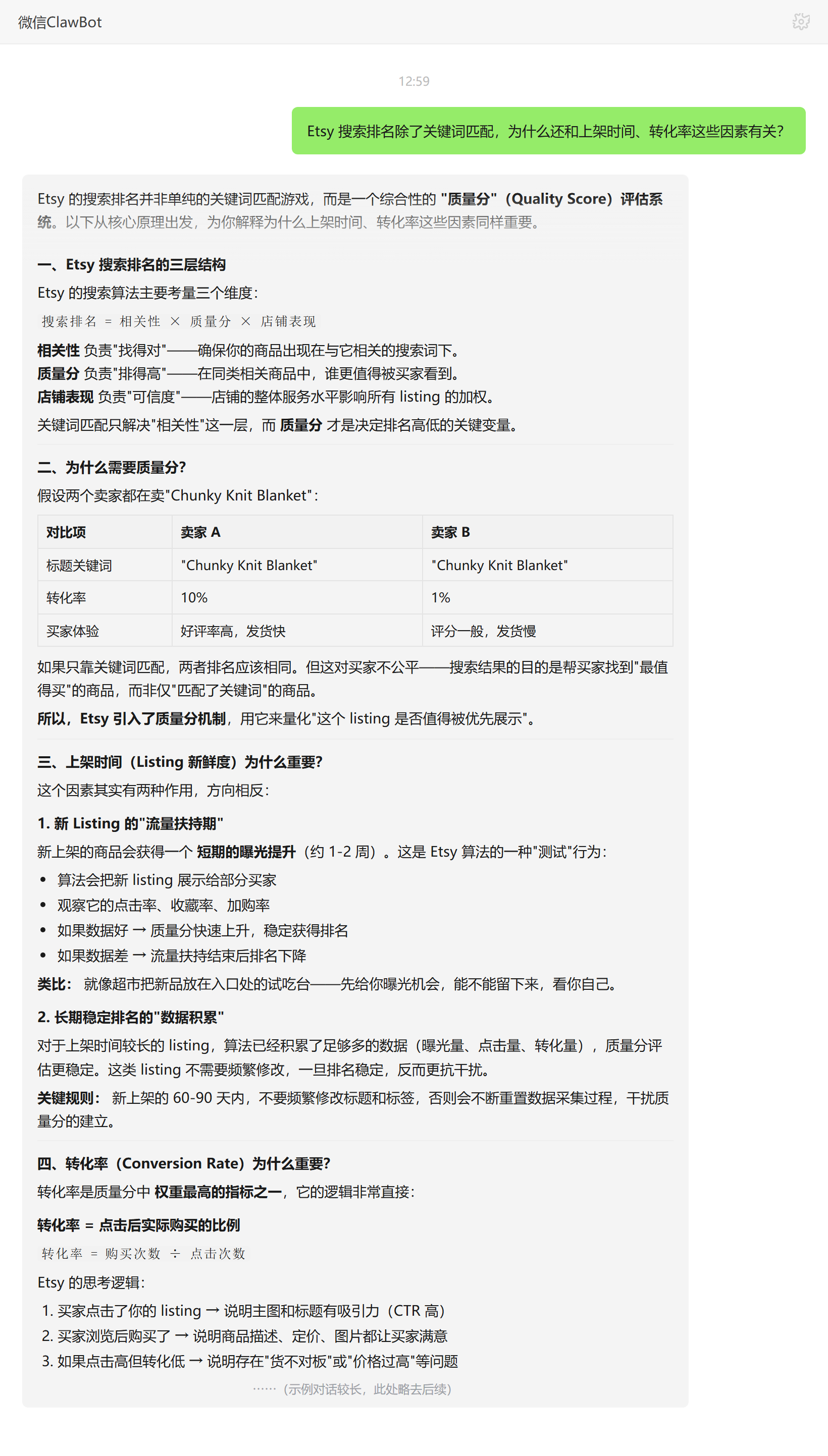 Etsy搜索排名为何还看上架时间与转化率的质量分机制——ClawBot 对话示例