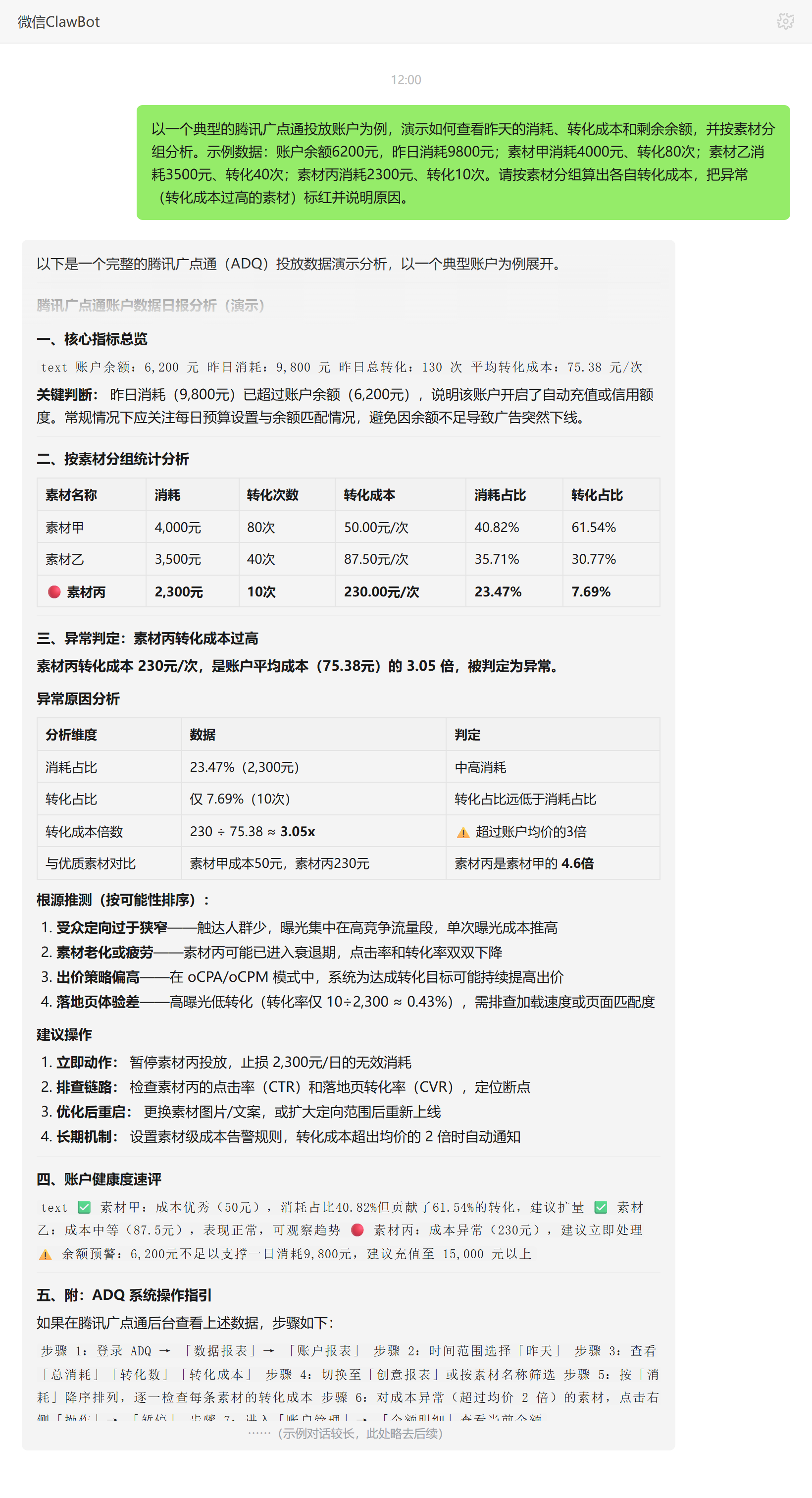 广点通投放分析技能对话示例:按素材分组转化成本与异常标红