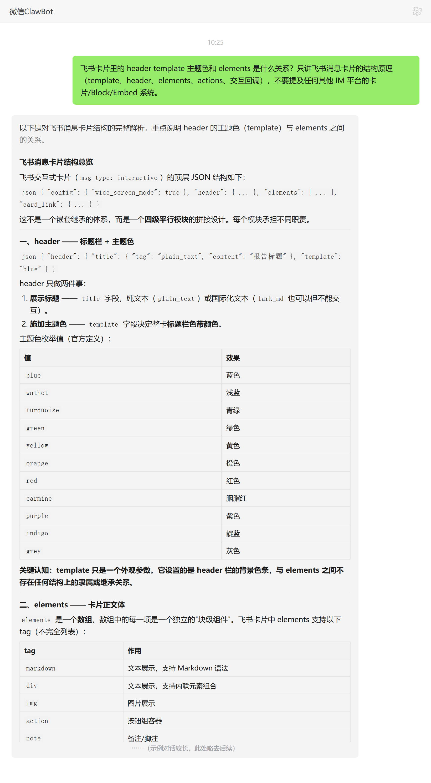 飞书卡片 header template 主题色和 elements 的关系——ClawBot 对话示例