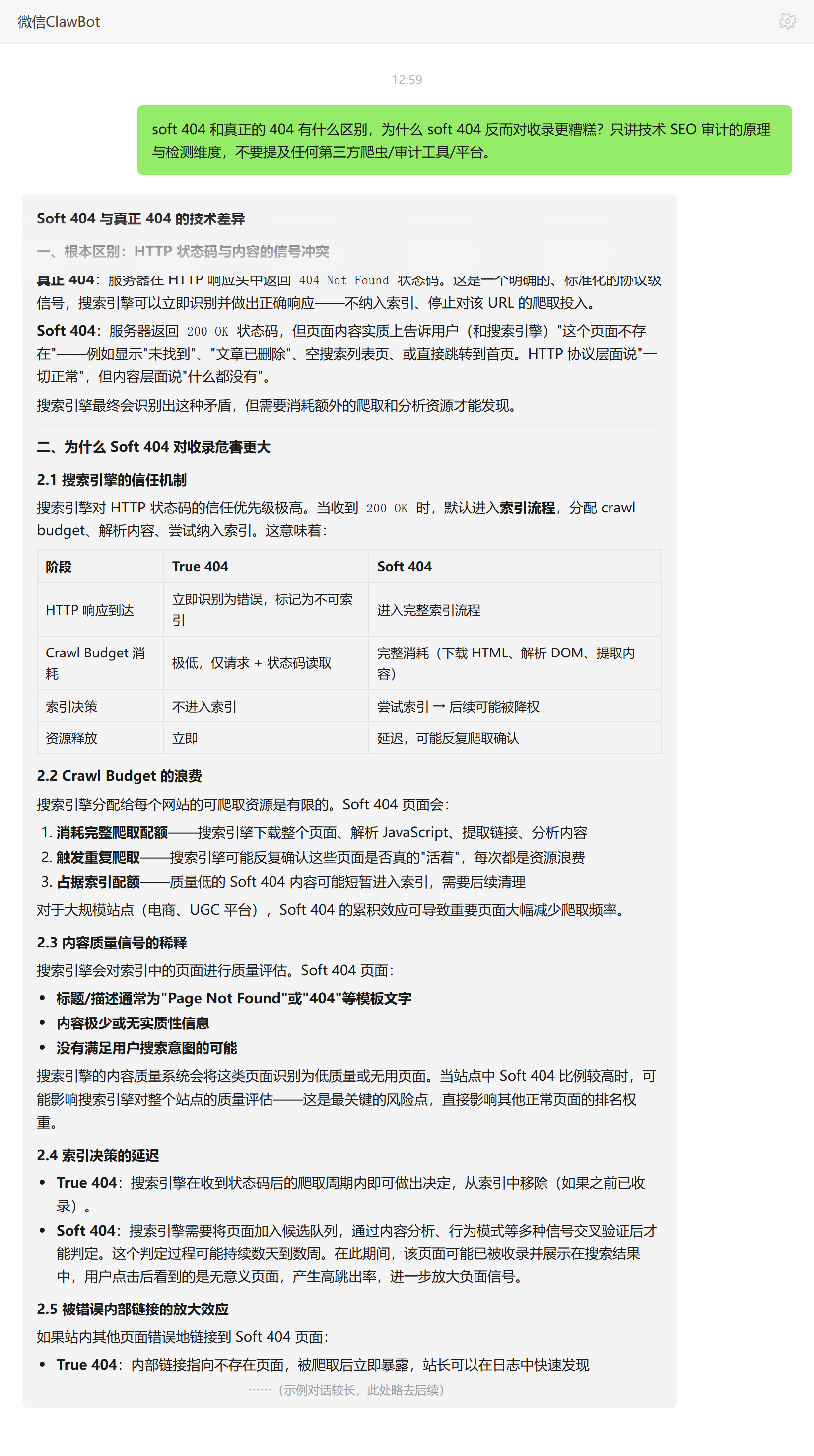 soft 404 与真 404 区别及对收录的危害——ClawBot 对话示例