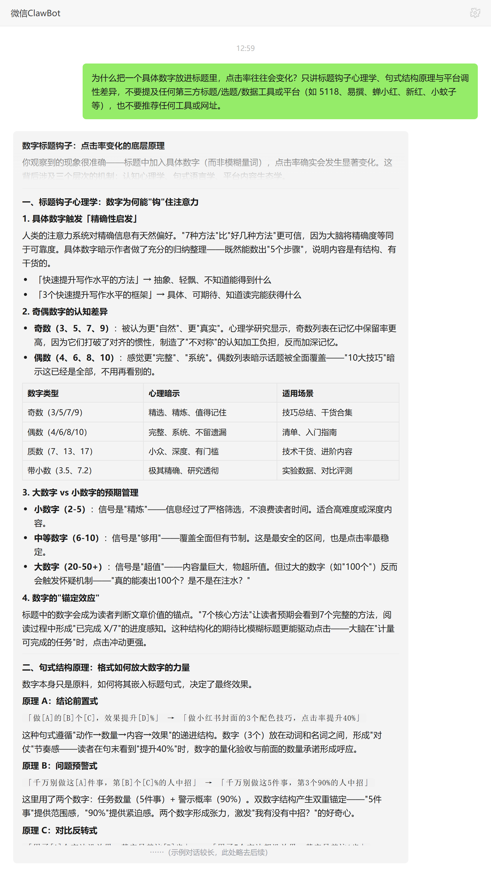 数字标题影响点击率的心理学原理——ClawBot 对话示例